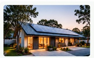 A home with rooftop solar at dusk